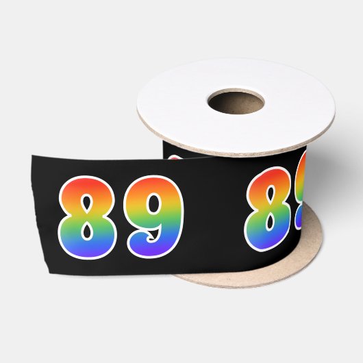 楽しい、虹柄「89」イベント番号(ブラック) サテンリボン (リール)