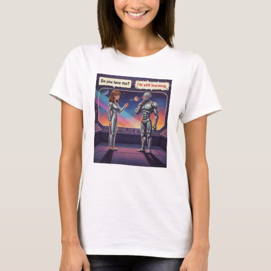 楽しいAIロマンス 女性と男性ロボットの宇宙 Tシャツ (正面)