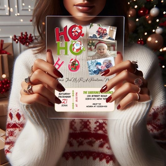 楽しいHO HO HO レトロクリスマスパーティー家族写真 アクリル招待状
