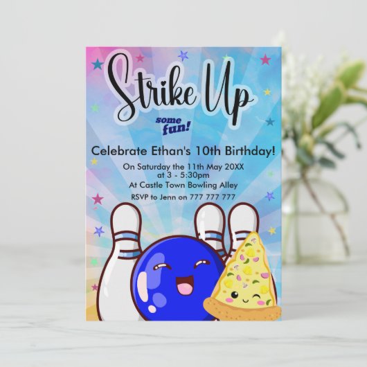 楽しくてカラフルな、タイダイ・ボーイズ・ボウリング・パーティをしよう! 招待状 (スタンド正面)