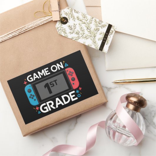 楽しくゲームしよう！小学校1年生のバックトゥスクール・おもしろゲーマー 長方形シール (ギフト)