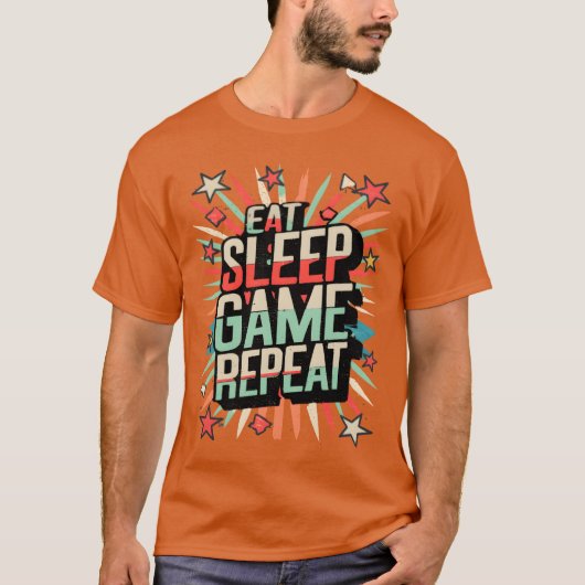 楽しくゲーム三昧の日常「食べる寝るゲーム繰り返す」面白い一言 Tシャツ (正面)