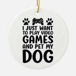 楽しくビデオゲームをして犬を撫でたい セラミックオーナメント
