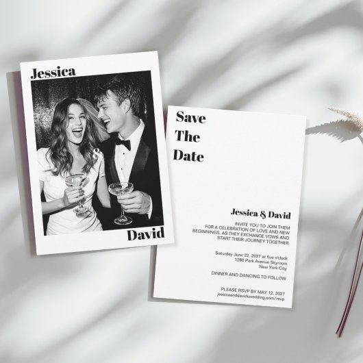 楽しくモダンな結婚式の予告状カード セーブザデート