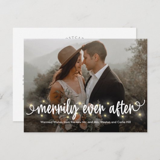 楽しくライトアップされた結婚おめでとうホリデーカードはがき シーズンポストカード (正面/裏面)