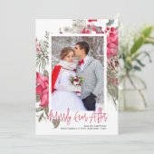 楽しく写真の後ずっと赤いポインセチアのクリスマス シーズンカード (スタンド正面)