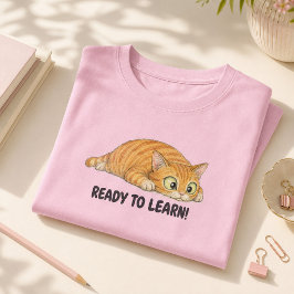 楽しく学ぼう オレンジの可愛い猫の女の子学生デザイン Tシャツ