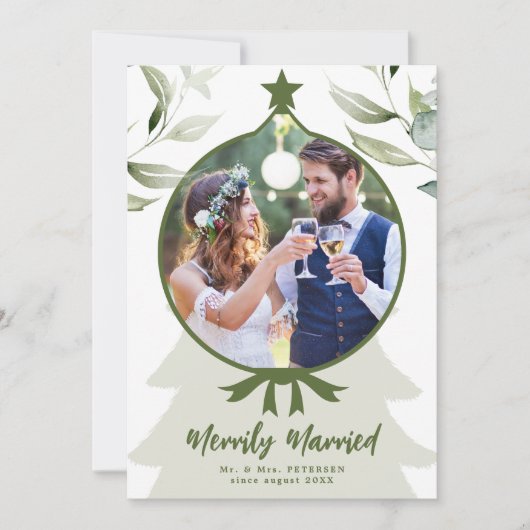 楽しく新結婚したしい写真の緑のクリスマス シーズンカード (正面)