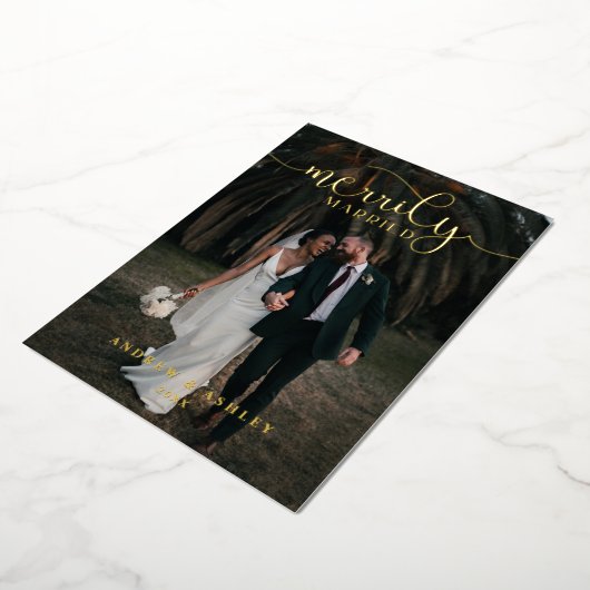 楽しく結婚したスクリプエレガントトの新婚の写真 箔シーズンカード (回転した状態)