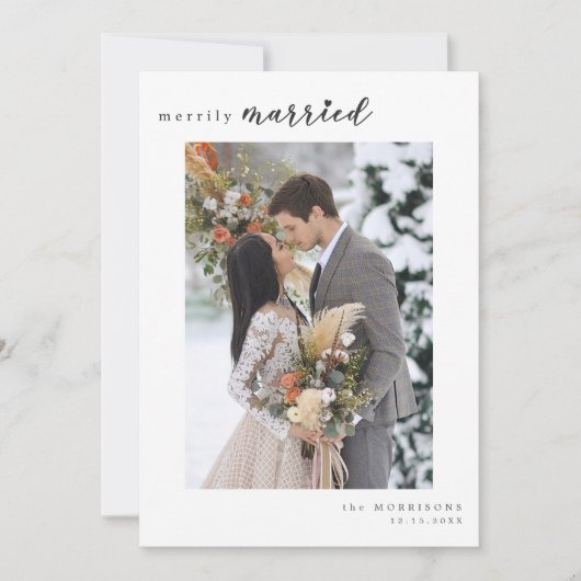 楽しく結婚したミニマルな冬の結婚式の写真 シーズンカード (正面)