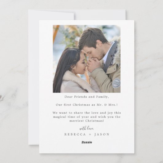 楽しく結婚したミニマルな冬の結婚式の写真 シーズンカード (裏面)