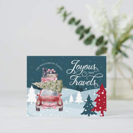 楽しげな旅路旅行赤レトロ水彩車 シーズンポストカード (スタンド正面)