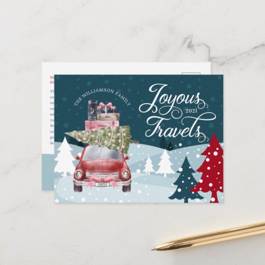 楽しげな旅路旅行赤レトロ水彩車 シーズンポストカード (正面/裏面インサイチュ)
