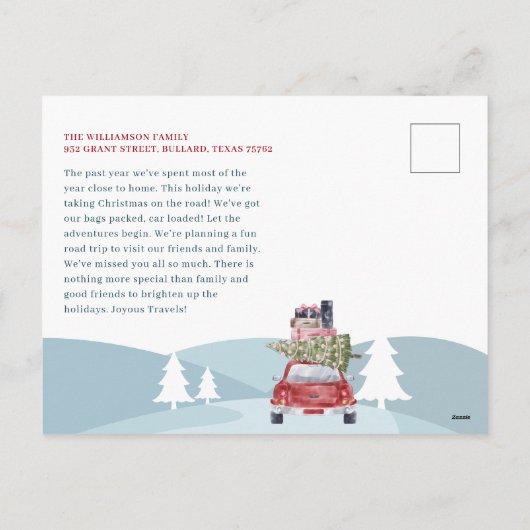 楽しげな旅路旅行赤レトロ水彩車 シーズンポストカード (裏面)