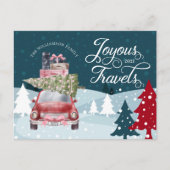 楽しげな旅路旅行赤レトロ水彩車 シーズンポストカード (正面)
