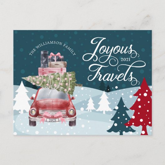 楽しげな旅路旅行赤レトロ水彩車 シーズンポストカード (正面)