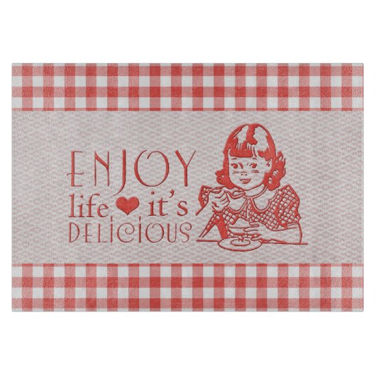 楽しむな生命それはおいしく赤いレトロのギンガムです カッティングボード (正面)