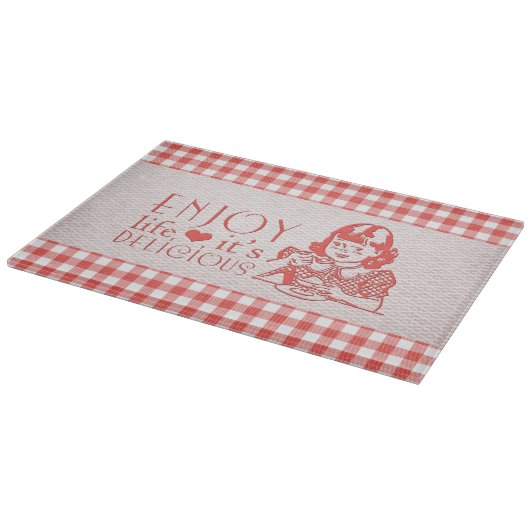 楽しむな生命それはおいしく赤いレトロのギンガムです カッティングボード (角)
