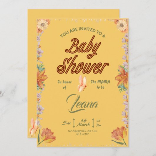 楽し鮮やかい花カラフルの赤ちゃんシャワー 招待状 (正面/裏面)