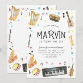 楽器で音を出そう 音楽 ノート 音符 誕生日 招待状 (正面/裏面)