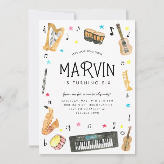 楽器で音を鳴らそう 音楽 ノート 誕生日 招待状 (正面)