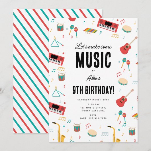 楽器 音楽 テーマ 誕生日パーティー 招待状 (正面/裏面)