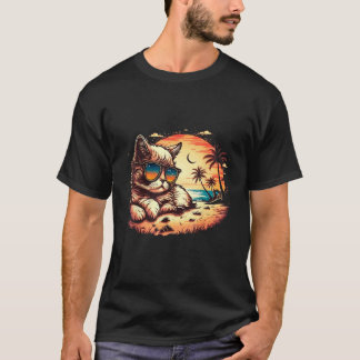 楽園で猫の気分 海辺の面白い猫 Tシャツ