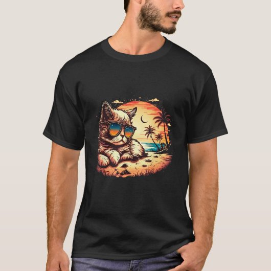 楽園で猫の気分 海辺の面白い猫 Tシャツ (正面)