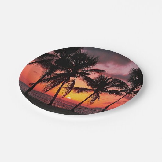 楽園の島のビーチの日没 ペーパープレート (アングル)