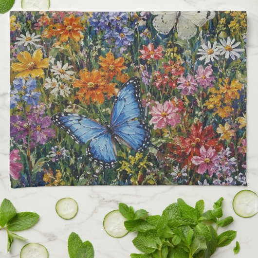 楽園の蝶々 – カラフルな野の花  キッチンタオル (折り畳み)