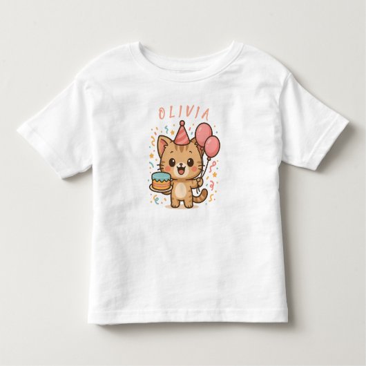 楽祝しみ風船とケーキで愛らしい猫 トドラーTシャツ (正面)
