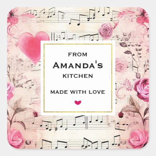 楽譜とバラヴィンテージデザインキッチン スクエアシール (正面)