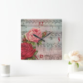 楽譜とバラ時計 スクエア壁時計 (ホーム)