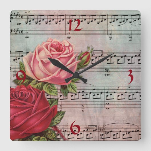 楽譜とバラ時計 スクエア壁時計 (正面)