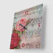 楽譜とバラ時計 スクエア壁時計 (傾斜)