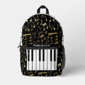 楽譜とピアノ鍵ブラックと金ゴールド プリントバックパック (正面)