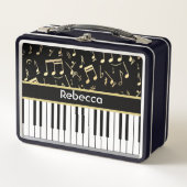 楽譜とピアノ鍵ブラックと金ゴールド メタルランチボックス (正面)