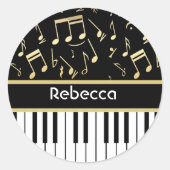 楽譜とピアノ鍵ブラックと金ゴールド ラウンドシール (正面)