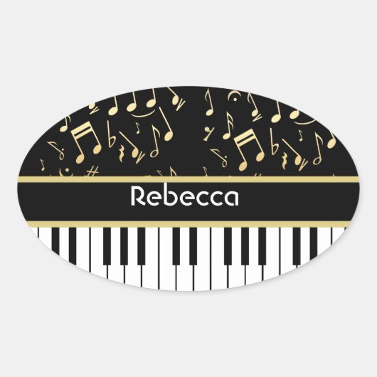 楽譜とピアノ鍵ブラックと金ゴールド 楕円形シール (正面)