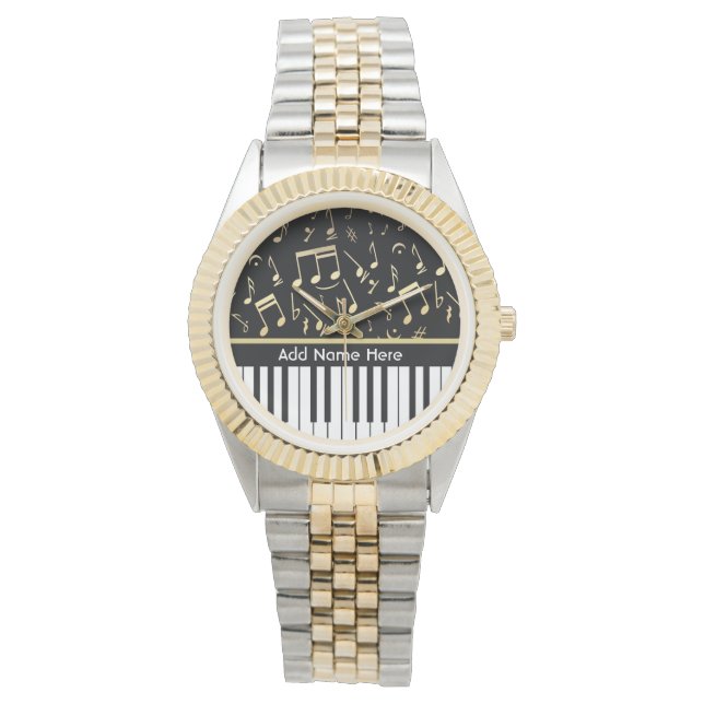 楽譜とピアノ鍵ブラックと金ゴールド 腕時計 (正面)