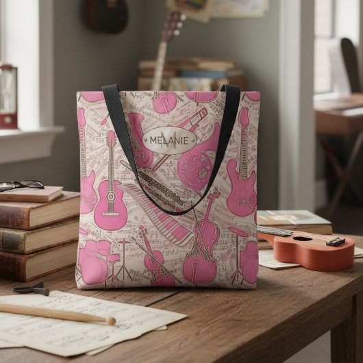 楽譜と楽器ピンク/アイボリーID481 トートバッグ