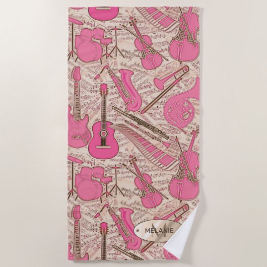 楽譜と楽器ピンク/アイボリーID481 ビーチタオル (正面)