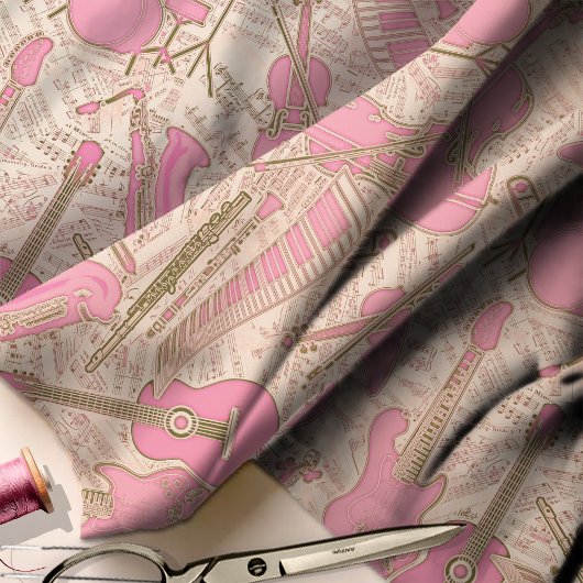 楽譜と楽器ピンク/アイボリーID481 ファブリック