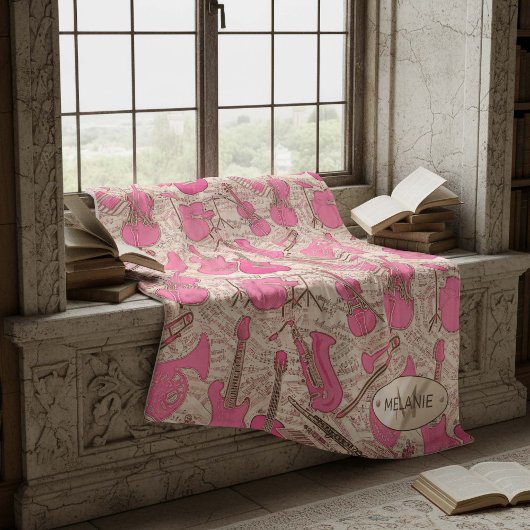 楽譜と楽器ピンク/アイボリーID481 フリースブランケット