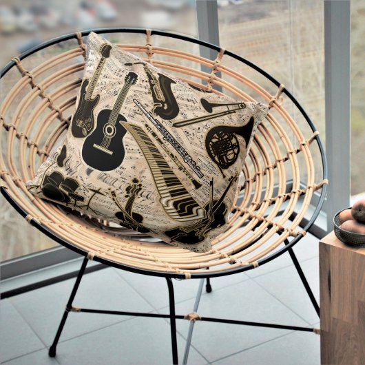 楽譜と楽器ブラック/金ゴールドID481 クッション