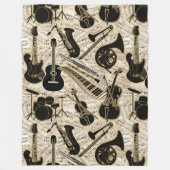 楽譜と楽器ブラック/金ゴールドID481 フリースブランケット (正面)