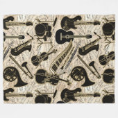 楽譜と楽器ブラック/金ゴールドID481 フリースブランケット (正面(横))