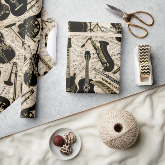 楽譜と楽器ブラック/金ゴールドID481 ラッピングペーパー (クラフト)