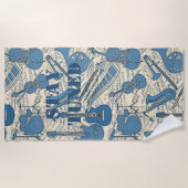 楽譜と楽器ブルー/アイボリーID481 ビーチタオル (正面)