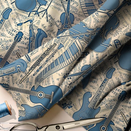 楽譜と楽器ブルー/アイボリーID481 ファブリック